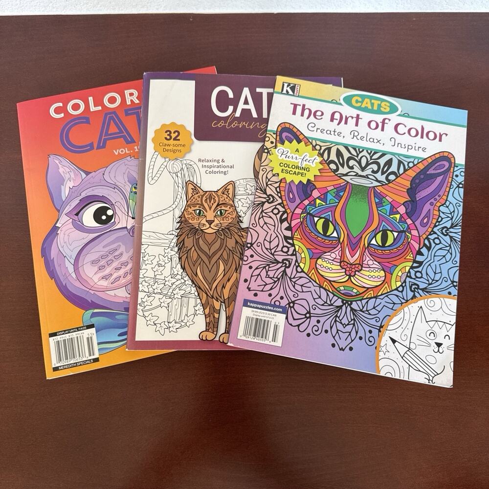Cat Coloring Books Adult Color Magazines Prints to Color Lot of 3 New